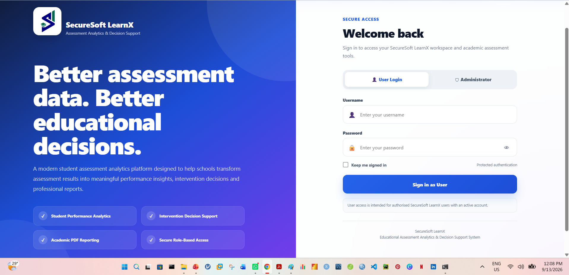 SecureSoft LearnX secure login interface